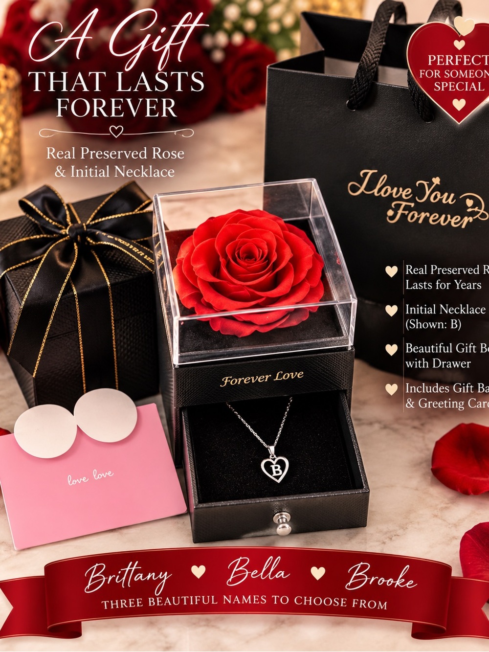 Forever Love Red Preserved Rose Necklace with Initial Pendant